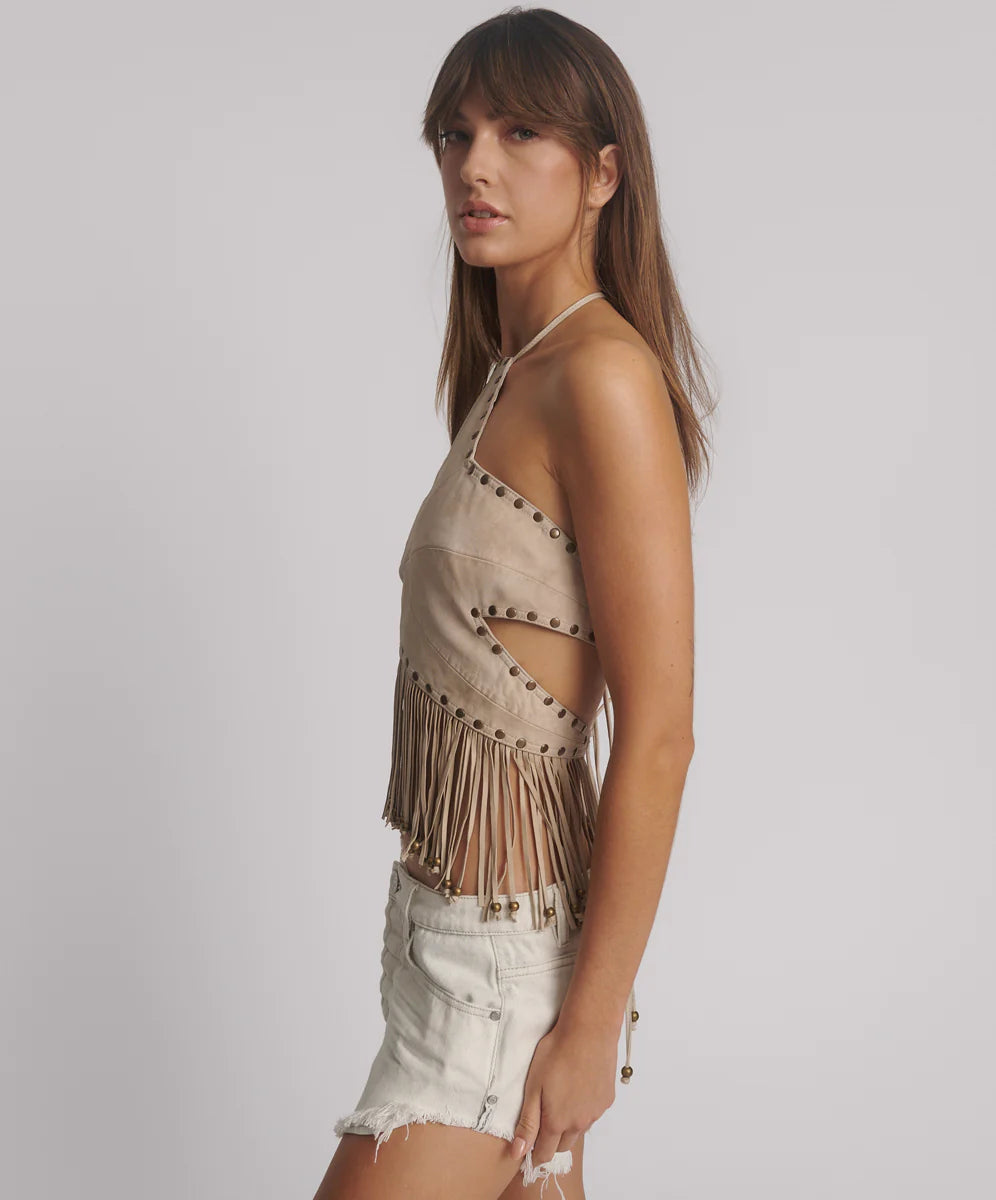 One Teaspoon - Studded Suede Fringed Star Crop Top - Stone
