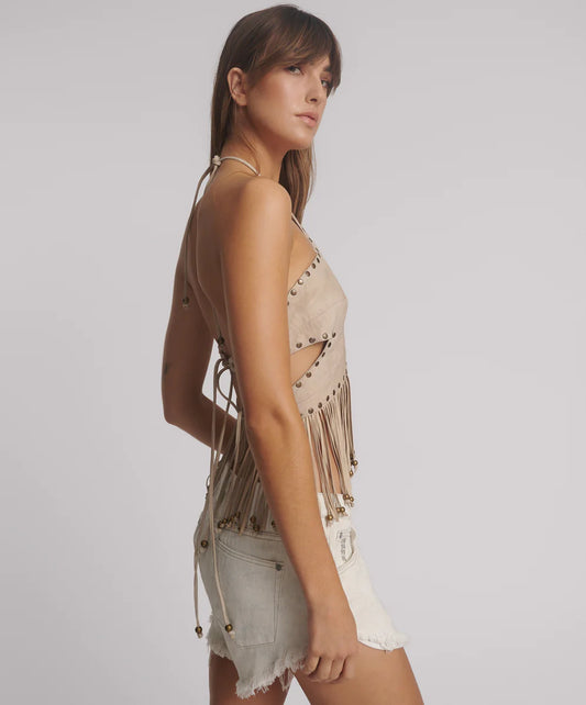One Teaspoon - Studded Suede Fringed Star Crop Top - Stone