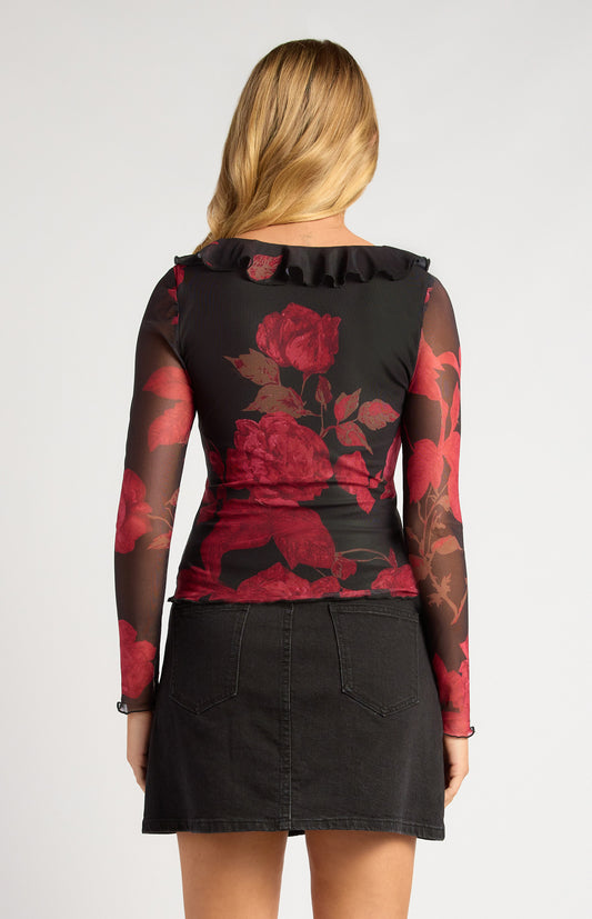 Style State - Floral Print Mesh Top With Frill Detail Neckline