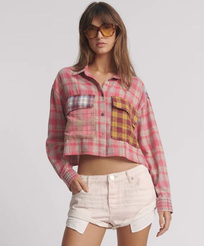 One Teaspoon - Flannel Oversized Pocket Cropped Shirt - Pink