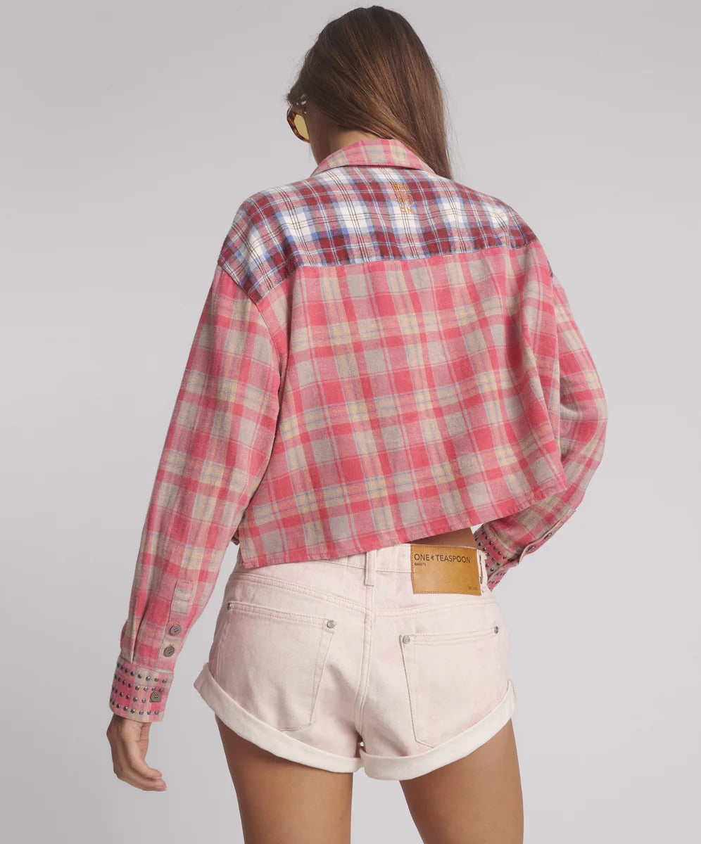 One Teaspoon - Flannel Oversized Pocket Cropped Shirt - Pink