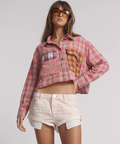 One Teaspoon - Flannel Oversized Pocket Cropped Shirt - Pink