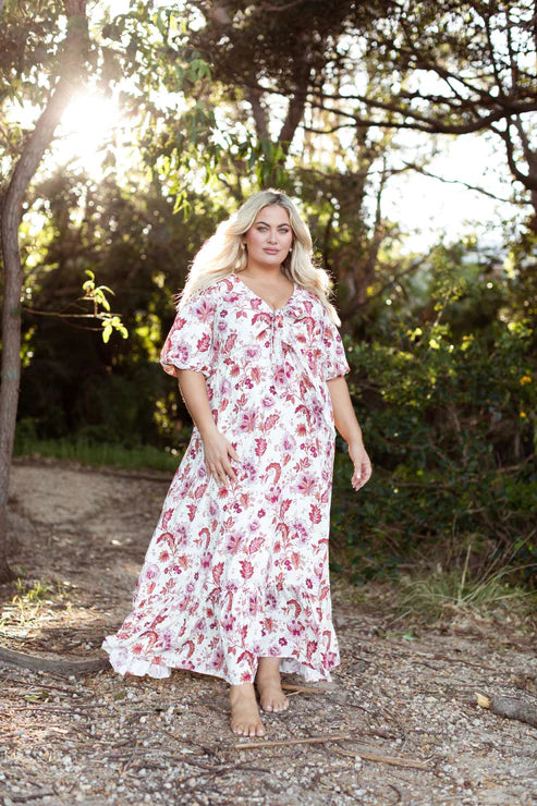 Tara Maxi Dress in White Bordeaux