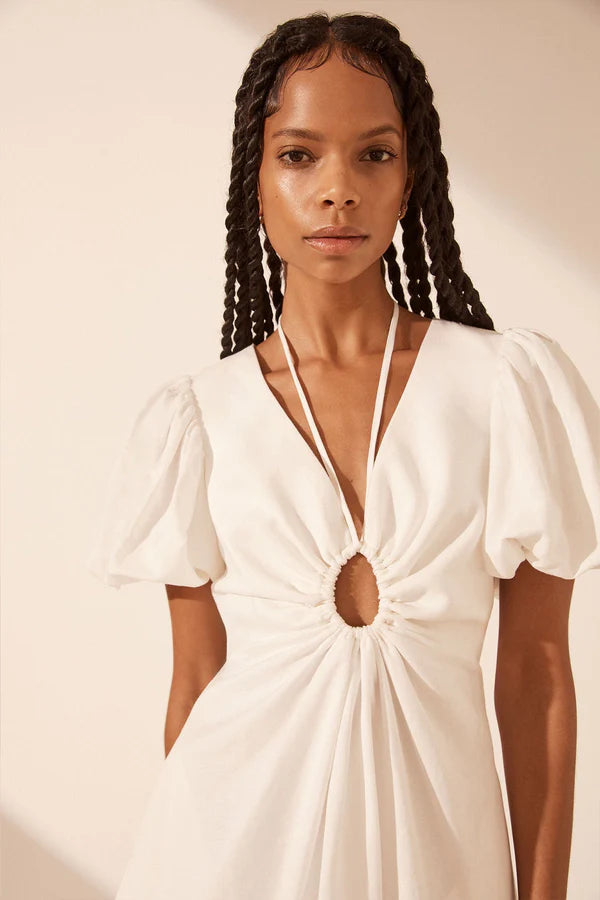 Shona Joy - Blanc Linen Ruched Keyhole Mini Dress