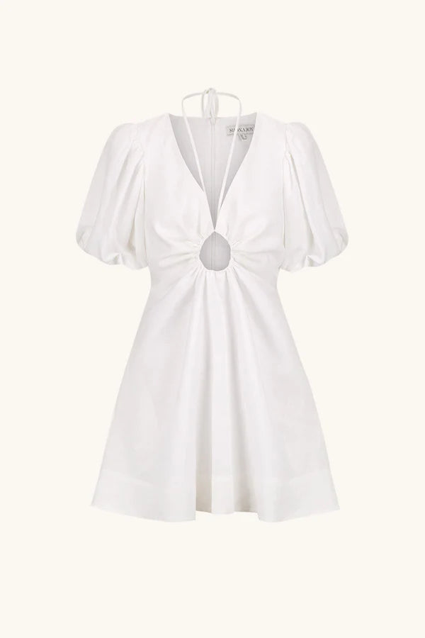 Shona Joy - Blanc Linen Ruched Keyhole Mini Dress