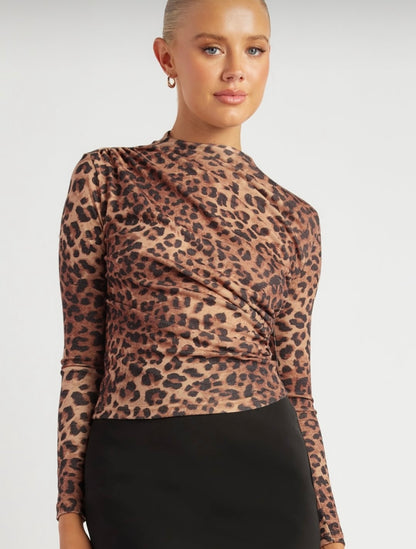 Style State - Leopard Jersey Top with Front Ruched Detail &amp; Long Sleeves