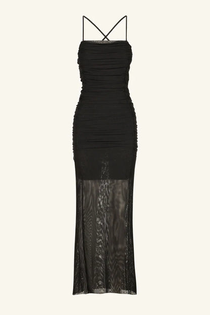 Shona Joy - Mira Open Back Ruched Midi - Black ** FINAL SALE**