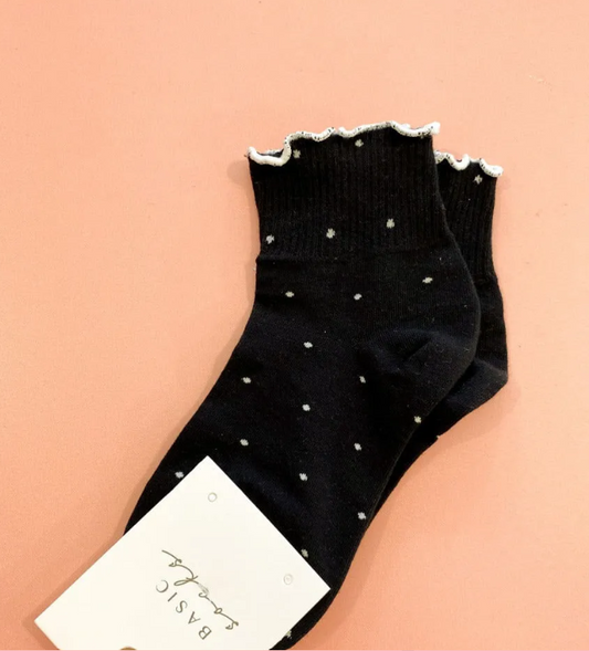 Basic socks - Black Polka Frill Crew