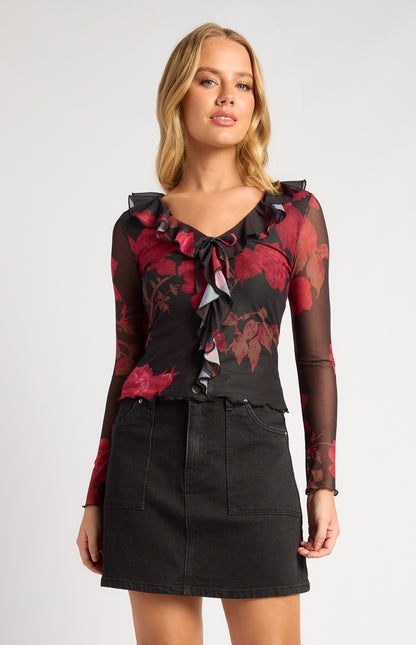 Style State - Floral Print Mesh Top With Frill Detail Neckline