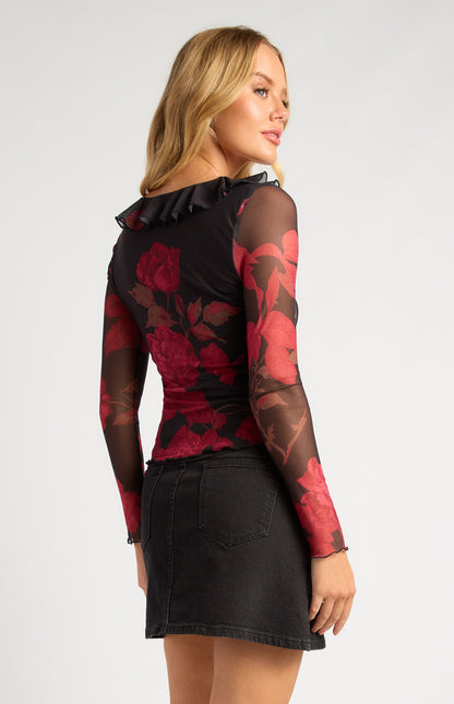 Style State - Floral Print Mesh Top With Frill Detail Neckline